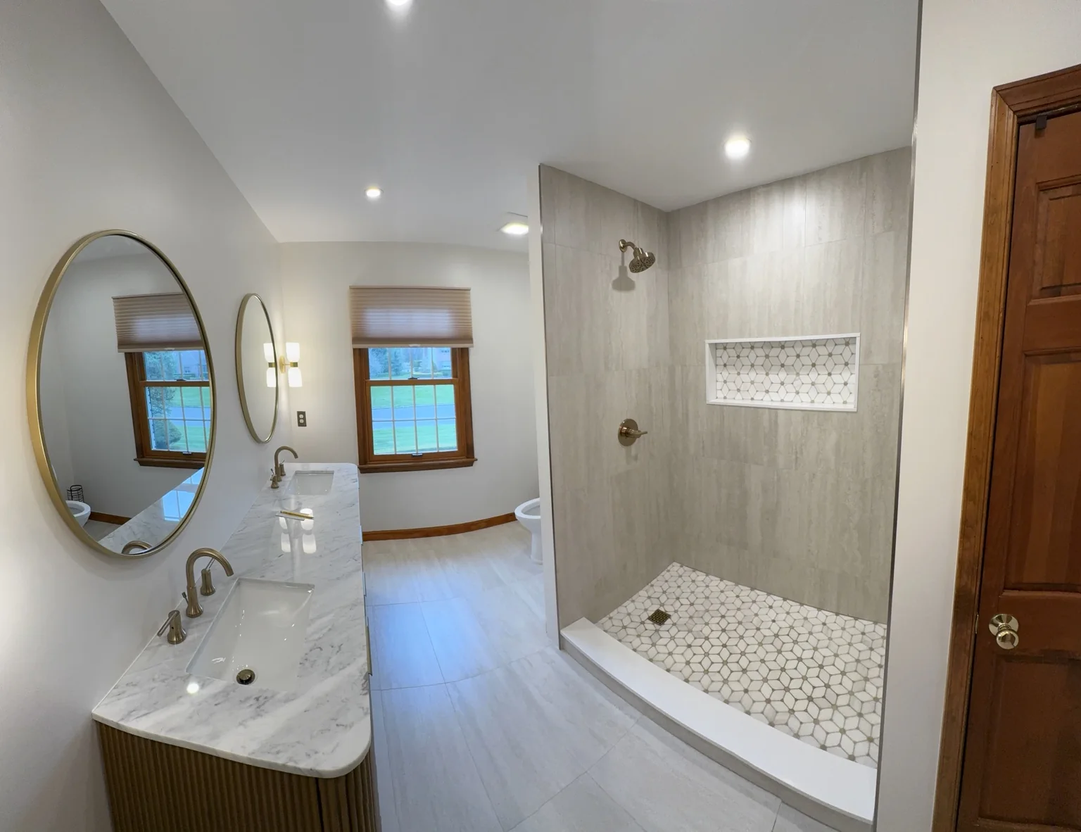 Completed bathroom remodel with walk-in shower in Colts Neck NJ