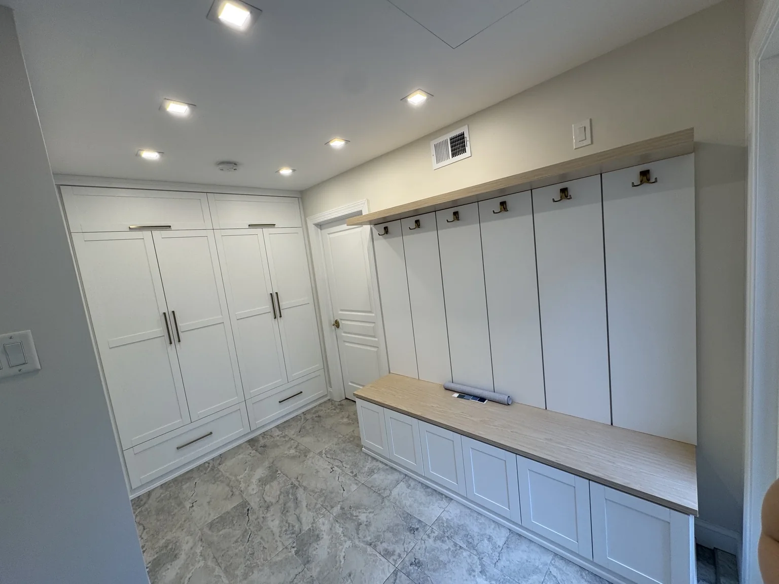 Custom mudroom built-ins after renovation in Manalapan NJ